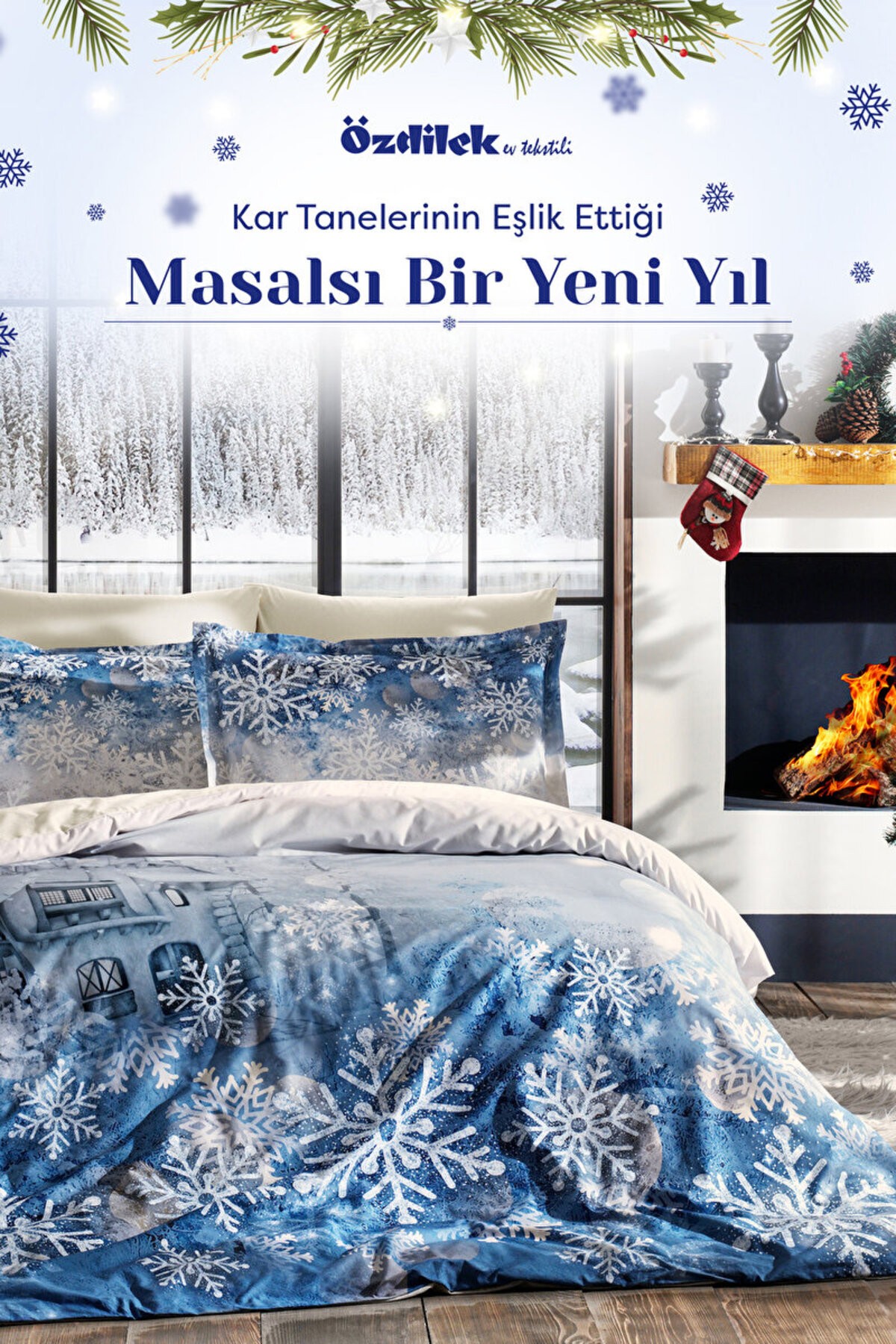 Snowflake Mavi Çift Kişilik Nevresim Takımı 4 Yastıklı Yılbaşı Nevresim New Year