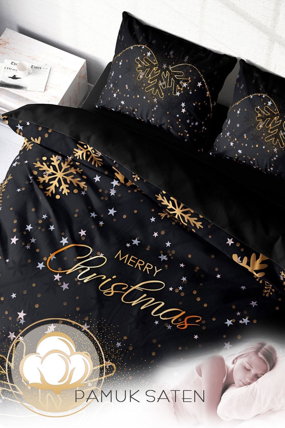 Yılbaşı Nevresim Takım %100 Doğal Pamuk Merry Christmas Çift Kişilik Black