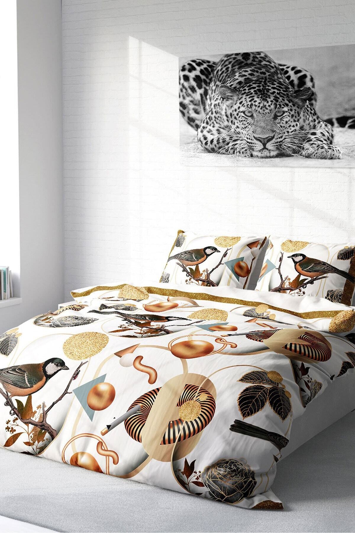 Kıng Sıze Bird Circle 3d Pamuk Saten Çift Kişilik Nevresim Takımı 220x240cm
