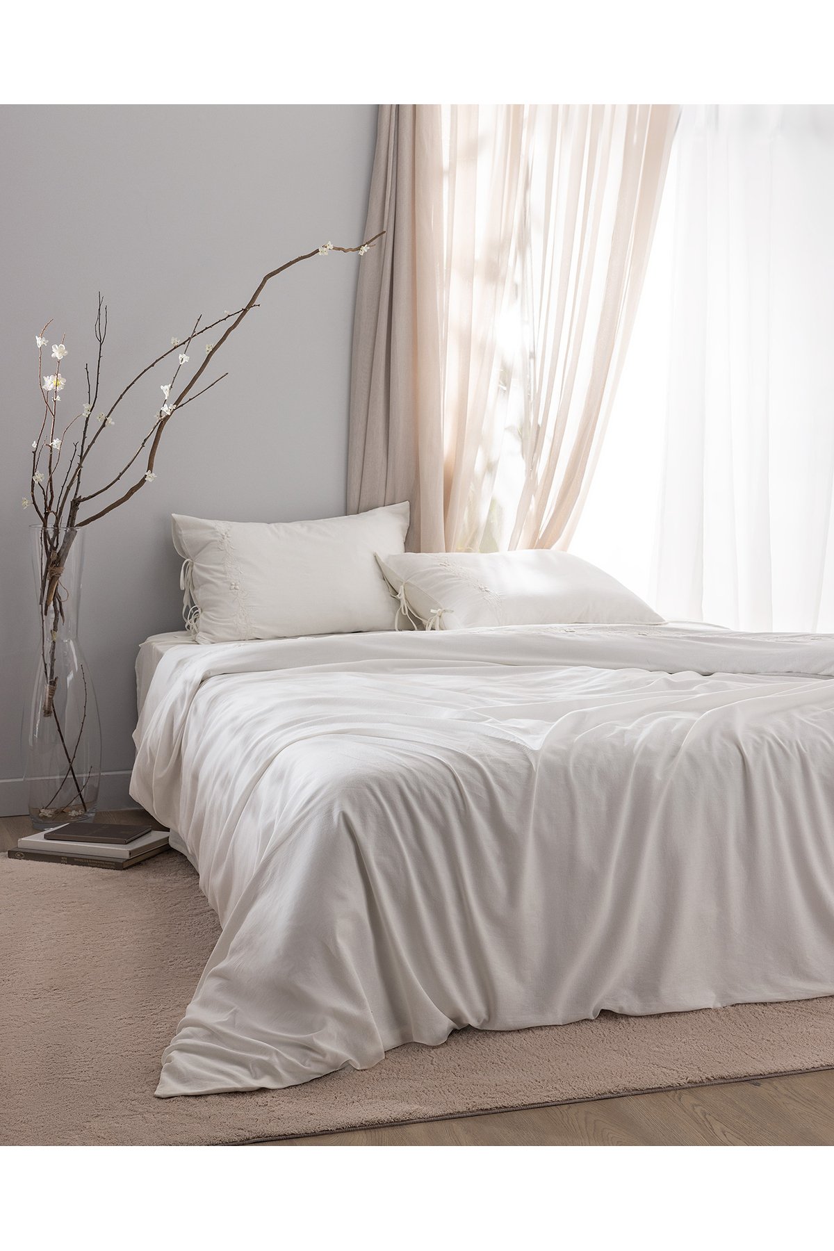 King Size %100 Pamuk Nakışlı Nevresim Takımı - Ekru