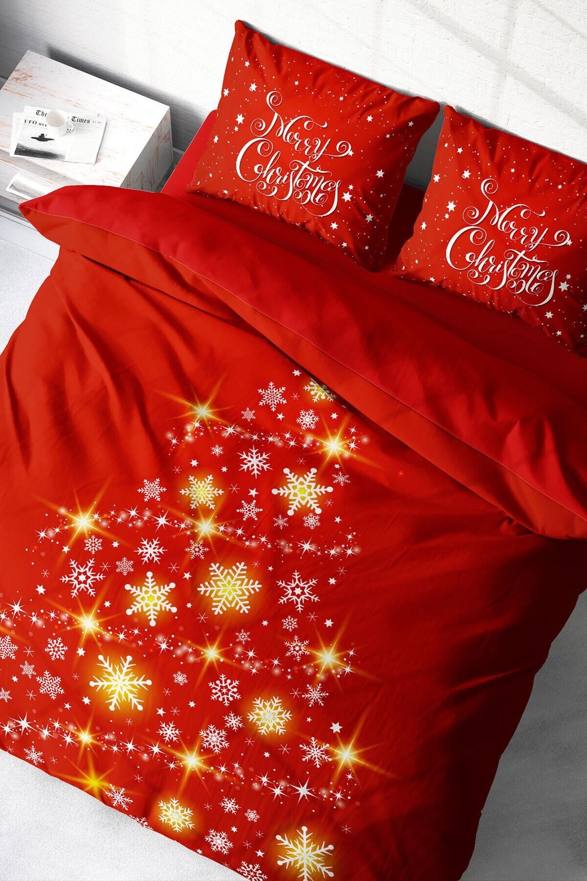 Kıng Sıze Yılbaşı Süsü Merry Christmas Çift Kişilik 3d Nevresim Takımı Pamuk Saten 220x240cm