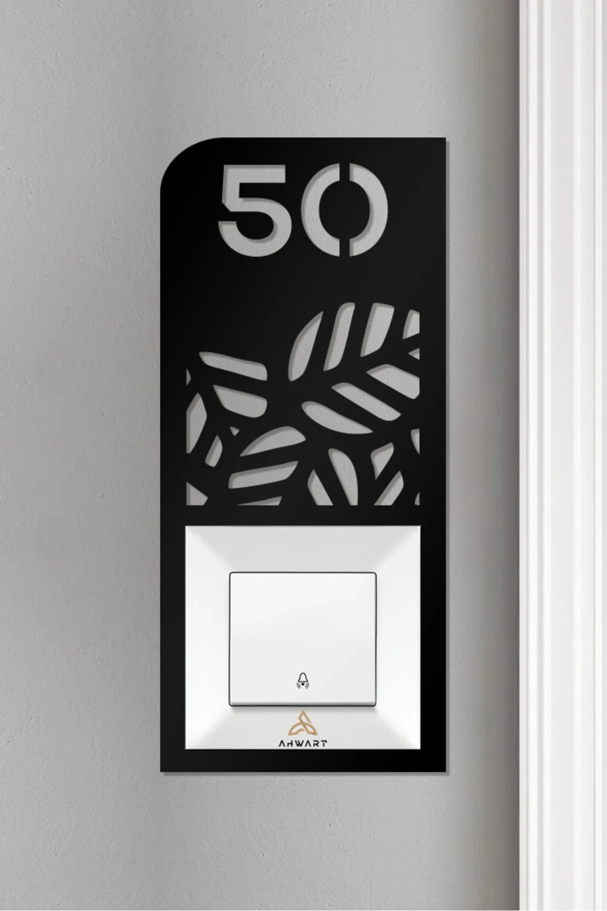 Ahşap Daire Kapı Numarası, Çiçek Desenli Dekoratif Zil Priz Çerçevesi No:50