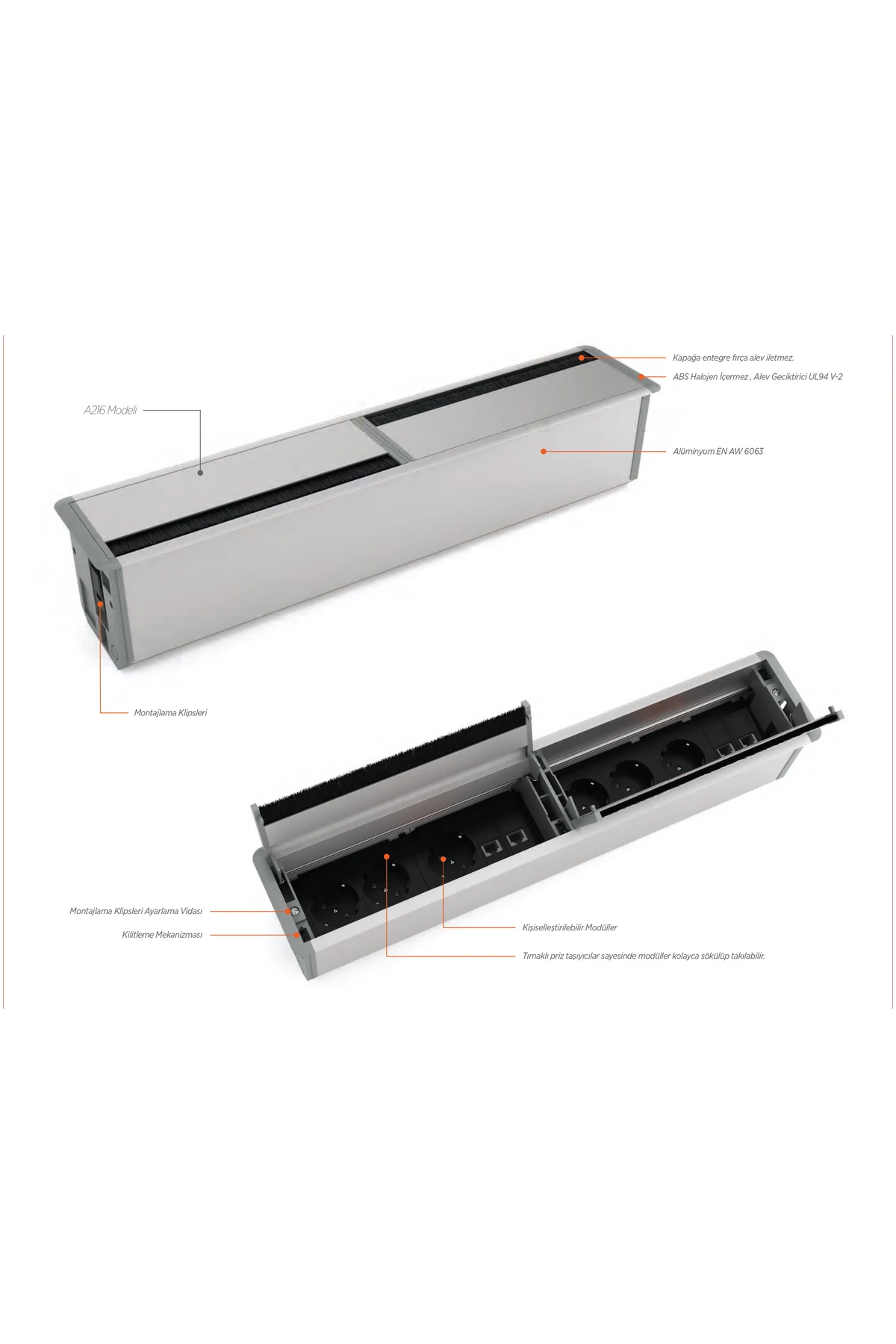 Masa Üstü Çift Taraflı Priz Kutusu Alüminyum 16 Modül