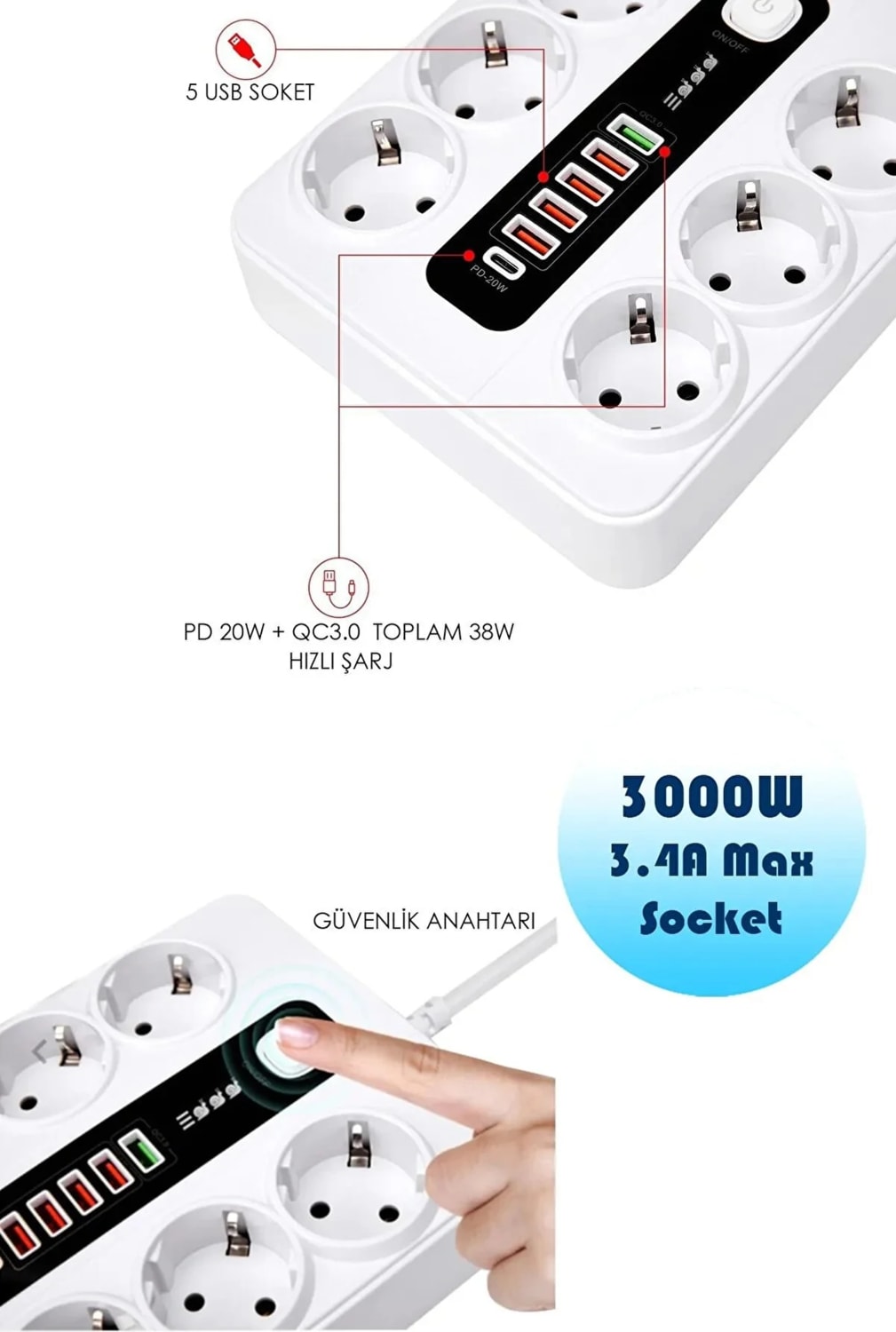 Akım Korumalı 6'lı Grup Priz, 5'li USB Şarj,1 Adet Type-C Şarj Girişi, 2 M KABLO,3000W (Beyaz)