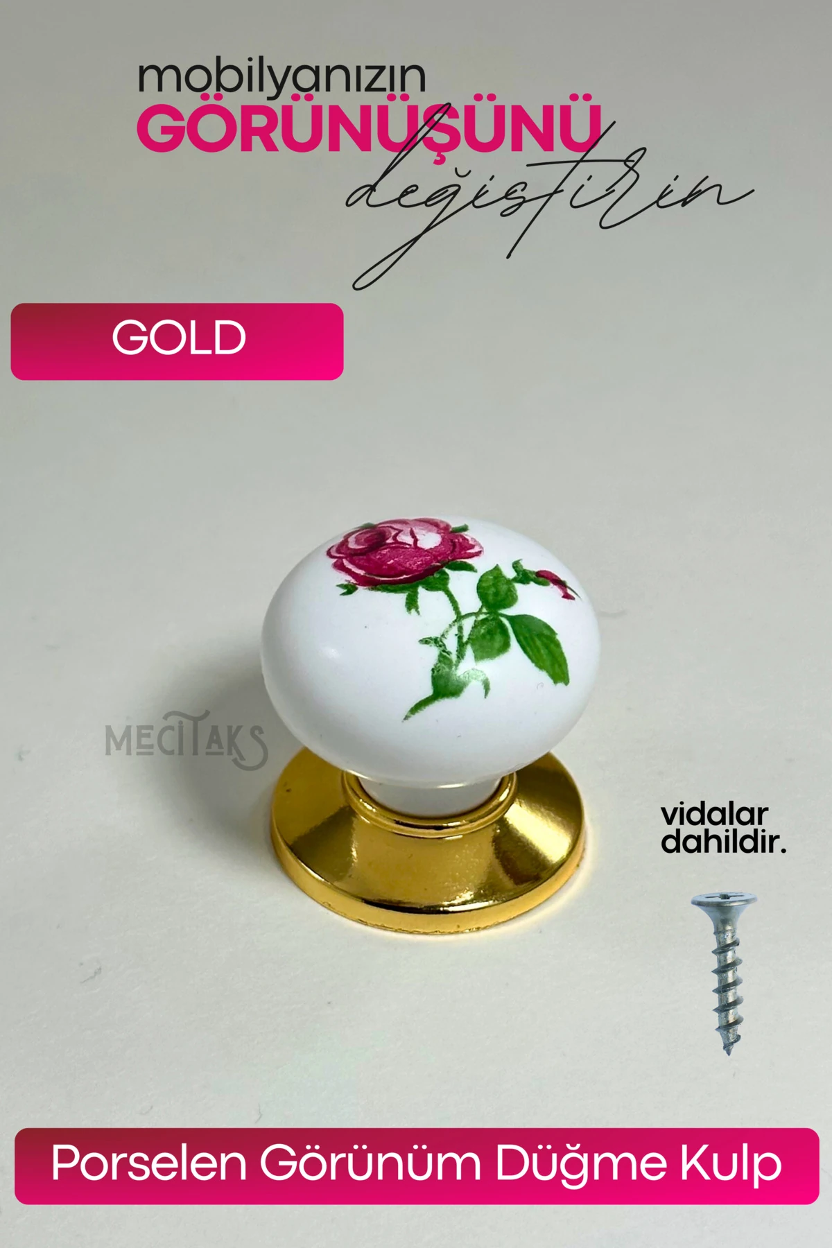 Porselen Görünüm Düğme Kulp Dolap Çekmece Kulpu Gold