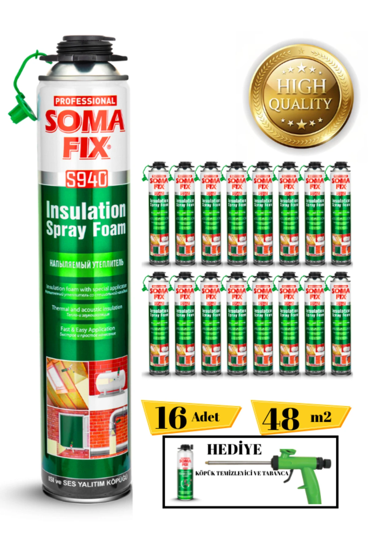 Poliüretan Termal Isı Ve Ses Yalıtım Sprey Köpük (16 ADET) Tabanca Ve Temizleyici Hediyeli