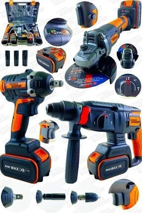 Kömürsüz Mega 3'lü Set 92 V 10 Ah Darbeli Bijon Somun Sökme Sıkma Şarjlı Taşlama Sprel ve Şarjlı Kırıcı Delici Matkap