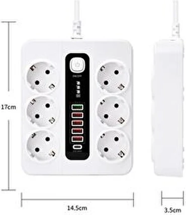 6 Adet Akıllı Priz Akım Korumalı,5 USB ve 1 Type-C Pd 20W Bağlantılı 2 Metre Kablolu