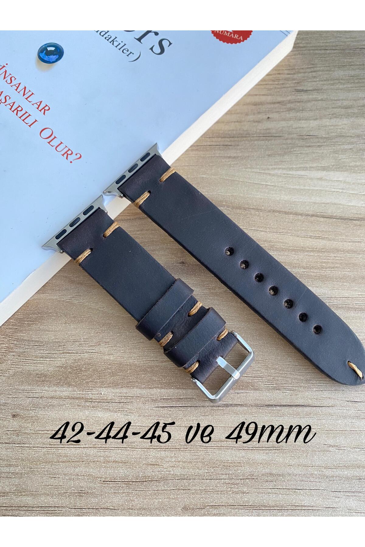 Apple Watch 42mm-44mm-45mm ve 49mm Uyumlu Gerçek Deri Saat Kayışı. Akıllı Saat Kordonu.