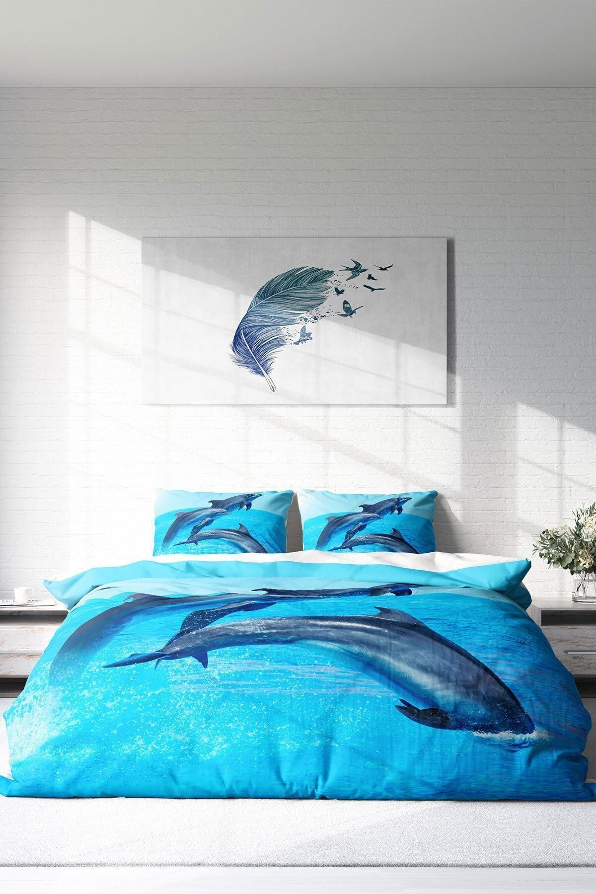 Nevresim Takımı %100 Doğal Pamuk Çift Kişilik 3d Digital Dolphin3