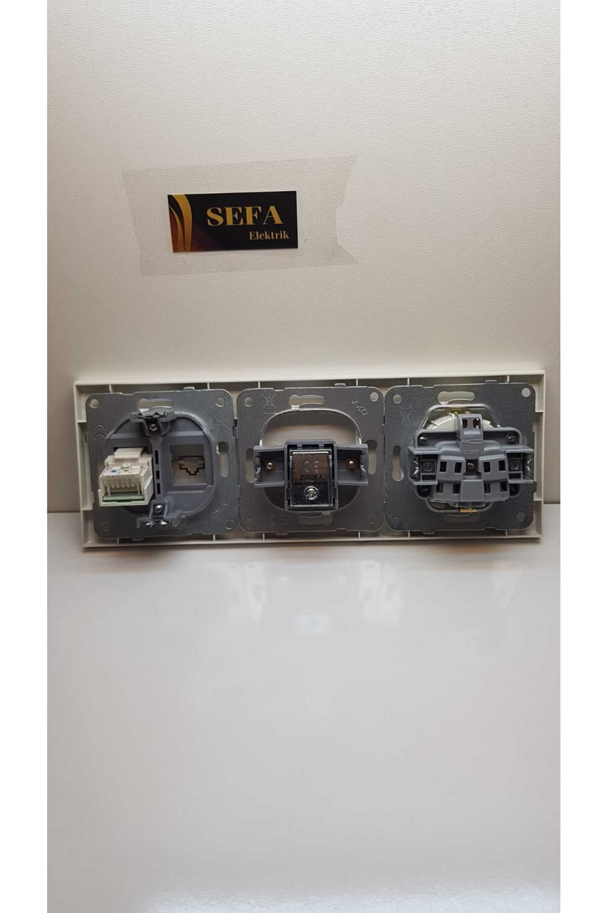 TOPRAKLI PRİZ UYDU PRİZİ TELEFON PRİZİ ÇERÇEVELİ ÜÇLÜ TAKIM BEYAZ  KARRE