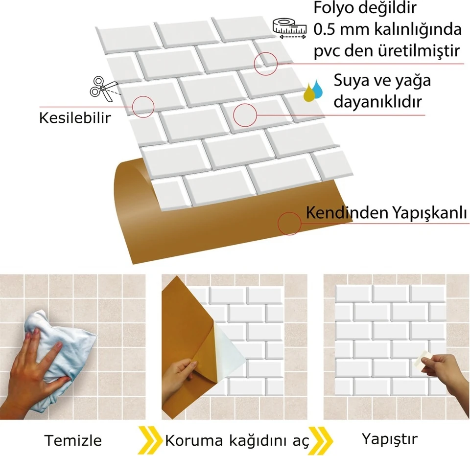 Kendinden Yapışkanlı Metro Karo Desenli Kesilebilir Pvc Karo 30X30 cm (33 Adet) 3m2