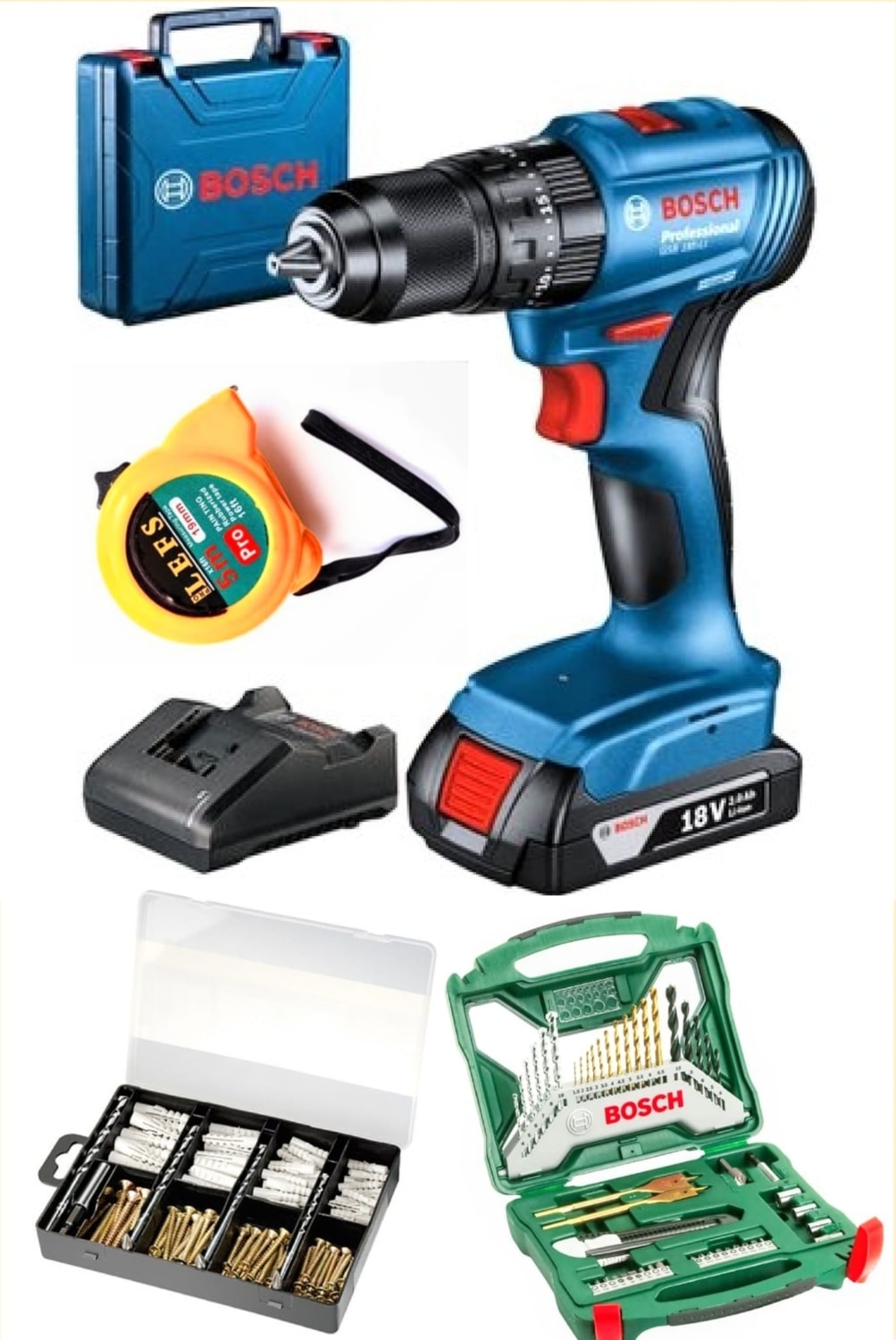BOSCH Gsb 185 Li Tek Bataryalı Darbeli Şarjlı Matkap Vidalama ve 224 Parça  Aksesuar Seti