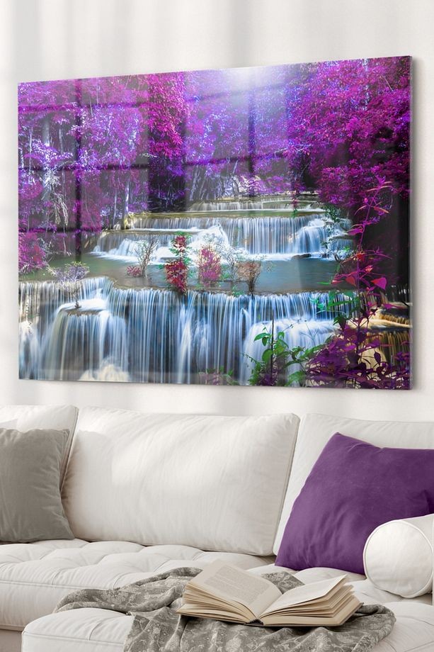Mor Ağaç Ve Şelale | Doğa Temalı Cam Tablo | 50x70 Cm
