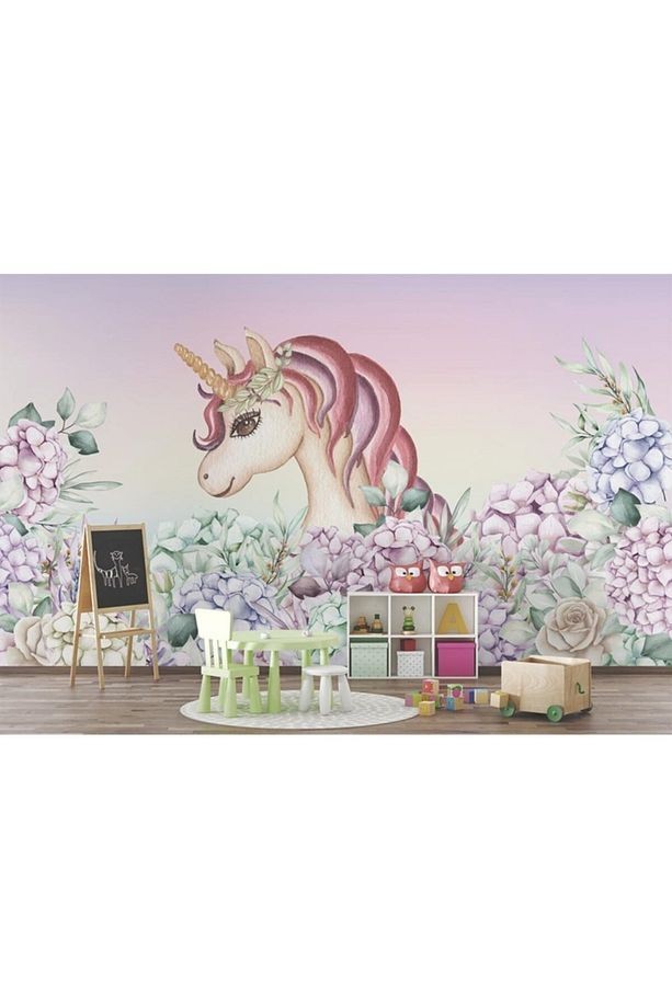 Unicorn Boynuzlu At Çiçekler Çocuk Odası Kendinden Yapışkanlı Duvar Folyosu