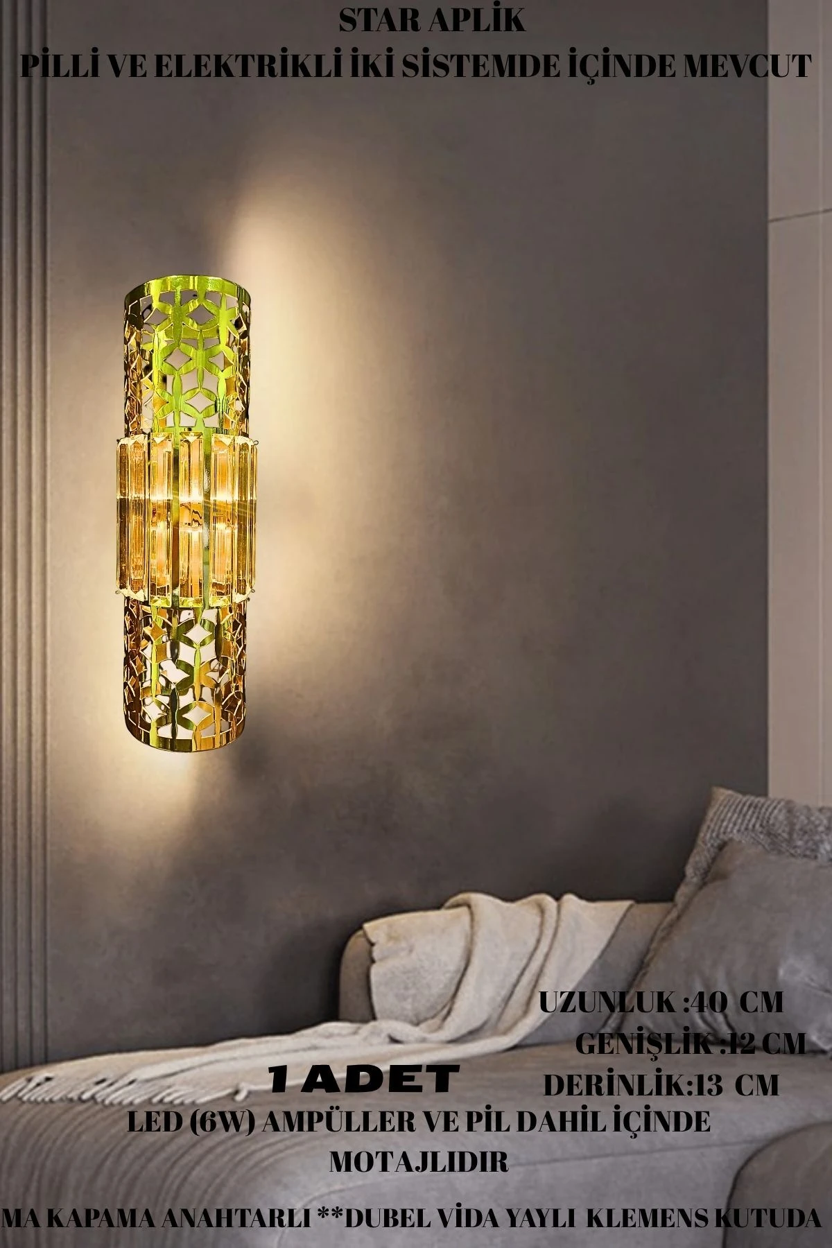 Star Aplik Gold, Pilli Aplik, Anahtarlı, Pilli Elektrikli Ledli Duvar Aplik, KRİSTAL TAŞLIDIR