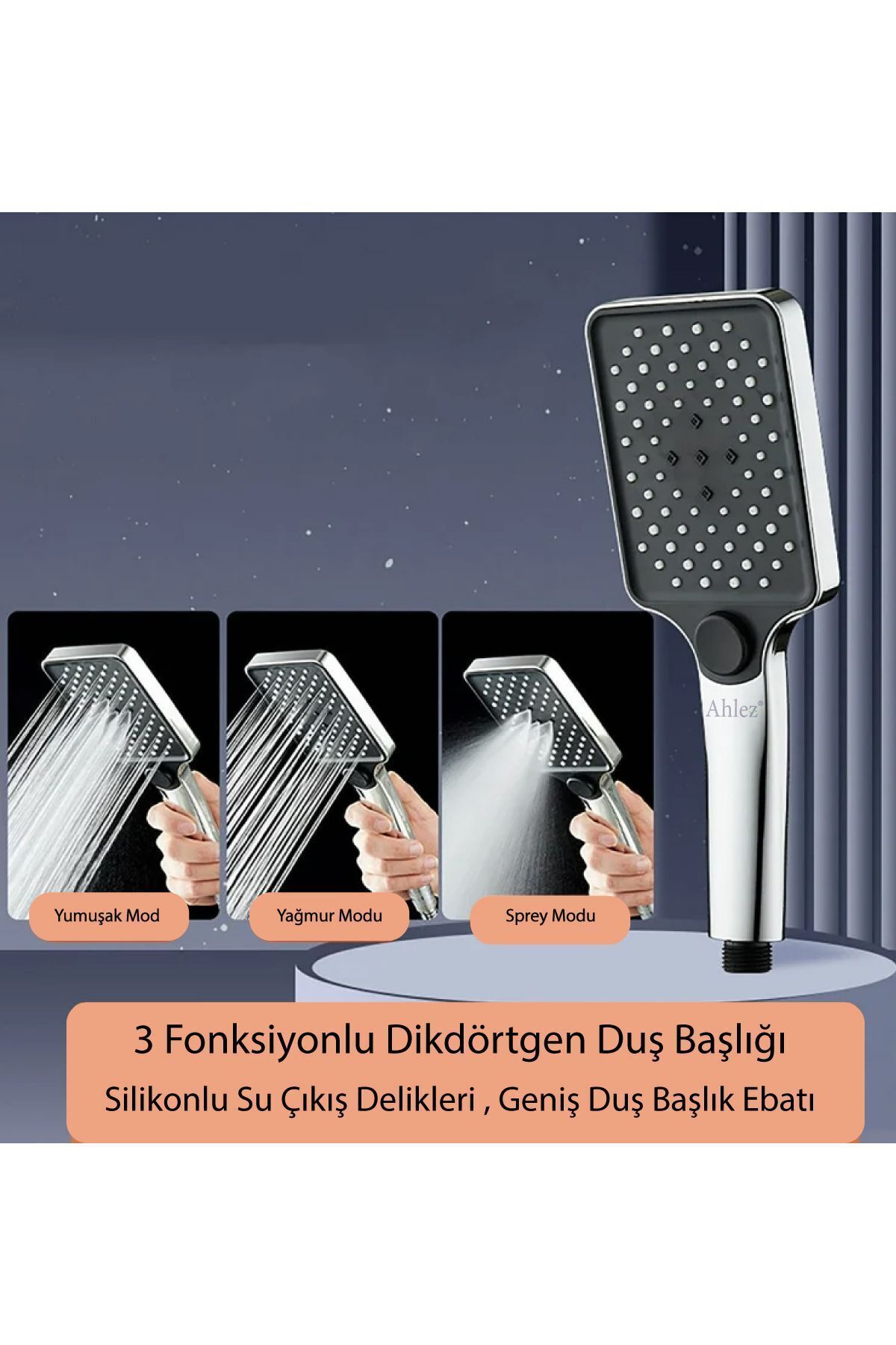 Aqua Kare 3 Fonksiyonlu Duş Başlığı ve Siyah Duş Hortumu 1.5m Duş Seti