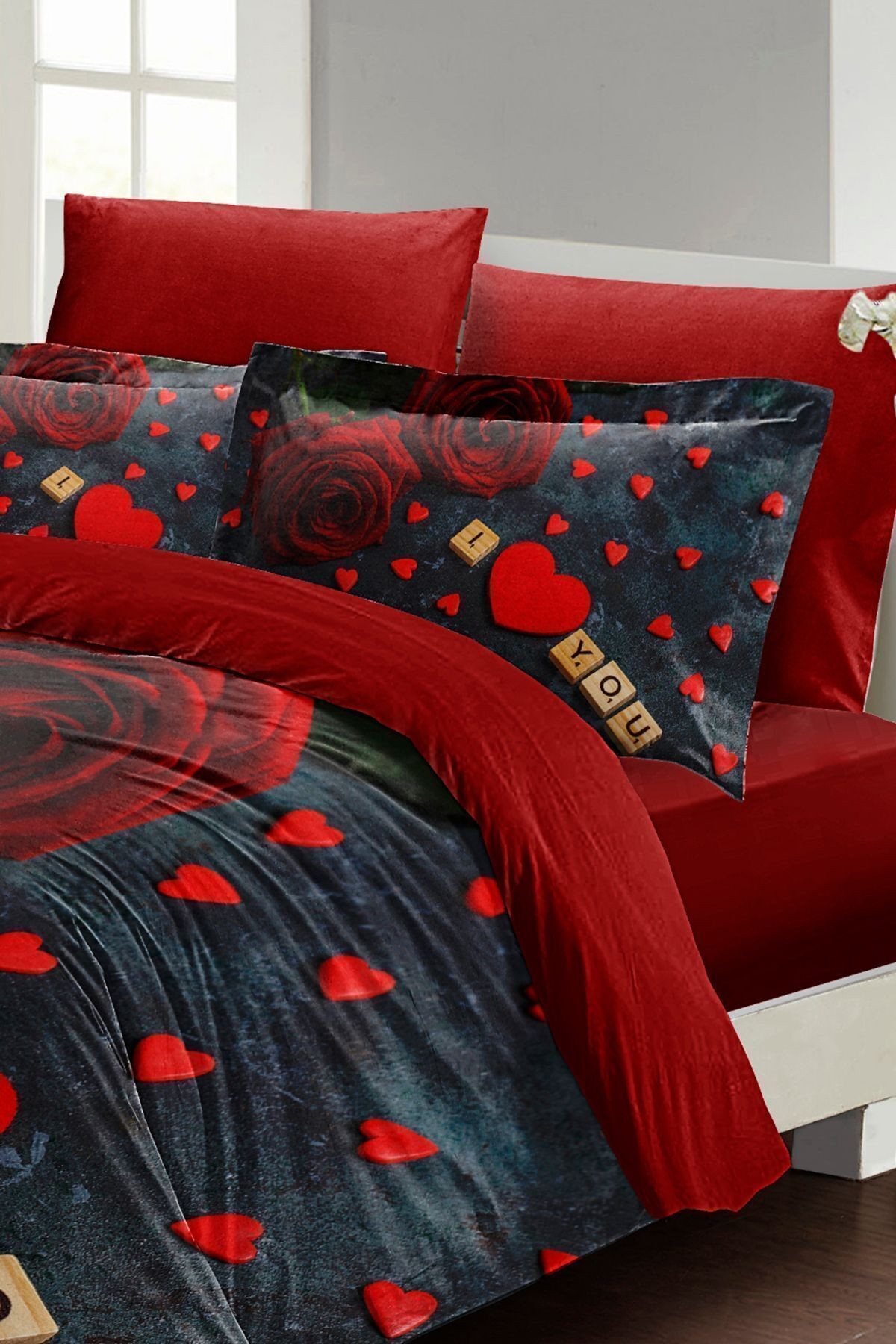 Nevresim Takımı %100 Doğal Pamuk Çift Kişilik 3d Digital Roses marble