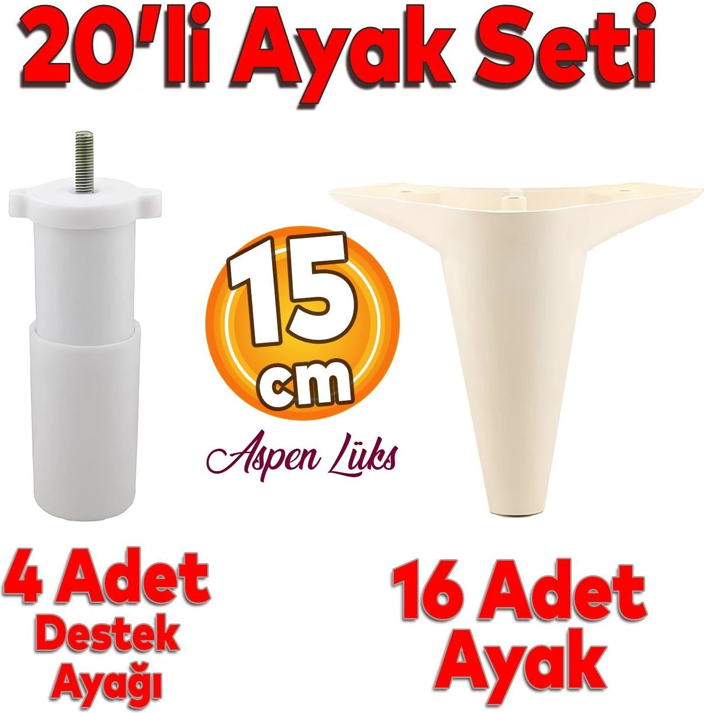 20'li Set Aspen Lüks Mobilya Kanepe Koltuk Tv Ünitesi Yükseltici Destek Ayağı Ayakları 15 cm Krem