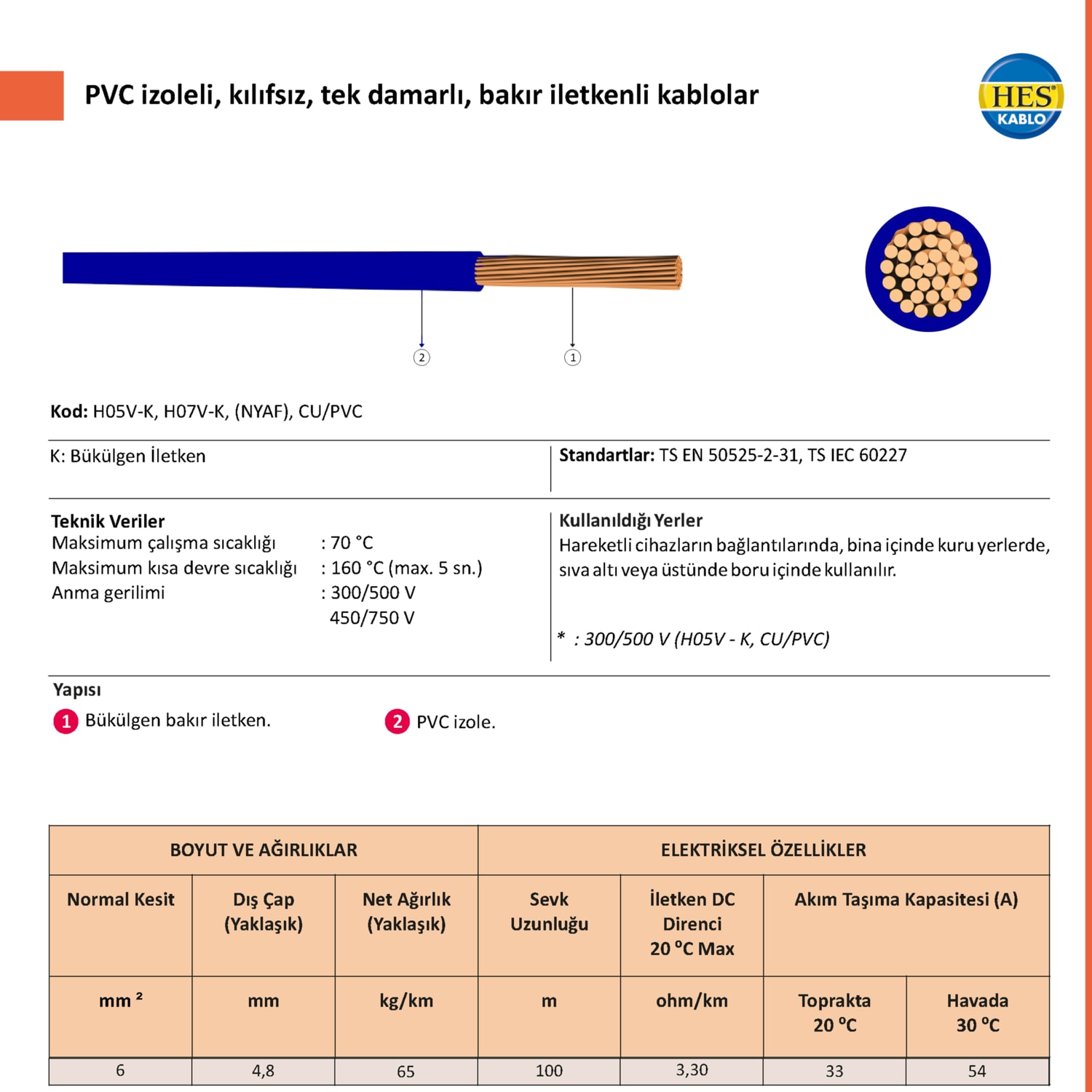 1x6 H07V-K, Nyaf Mavi Renk Pvc Kablo