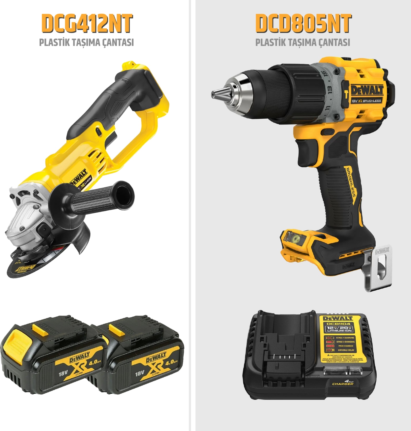 DEWALT DCD805NT 18V Darbeli Matkap + DCG412NT 18V Taşlama + 2 Akülü Ikili Set