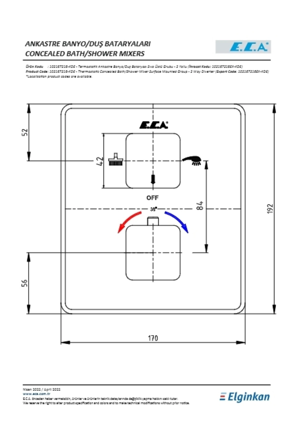 Termostatik Ankastre Banyo Duş Bataryası Sıva Üstü 2 Yollu