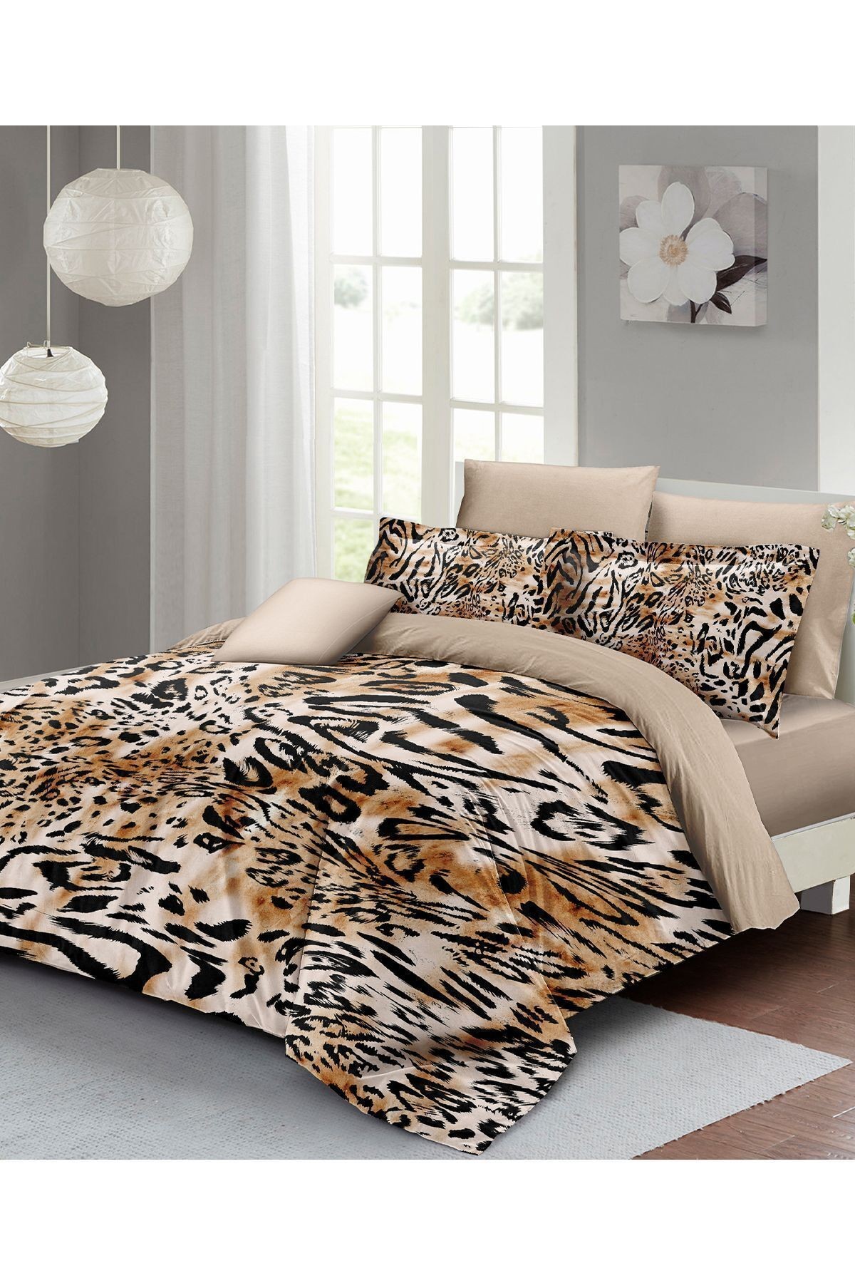Leopar Lastikli Çarşaflı %100 Pamuk Saten Çift Kişilik Nevresim Takımı Drawing Leopard
