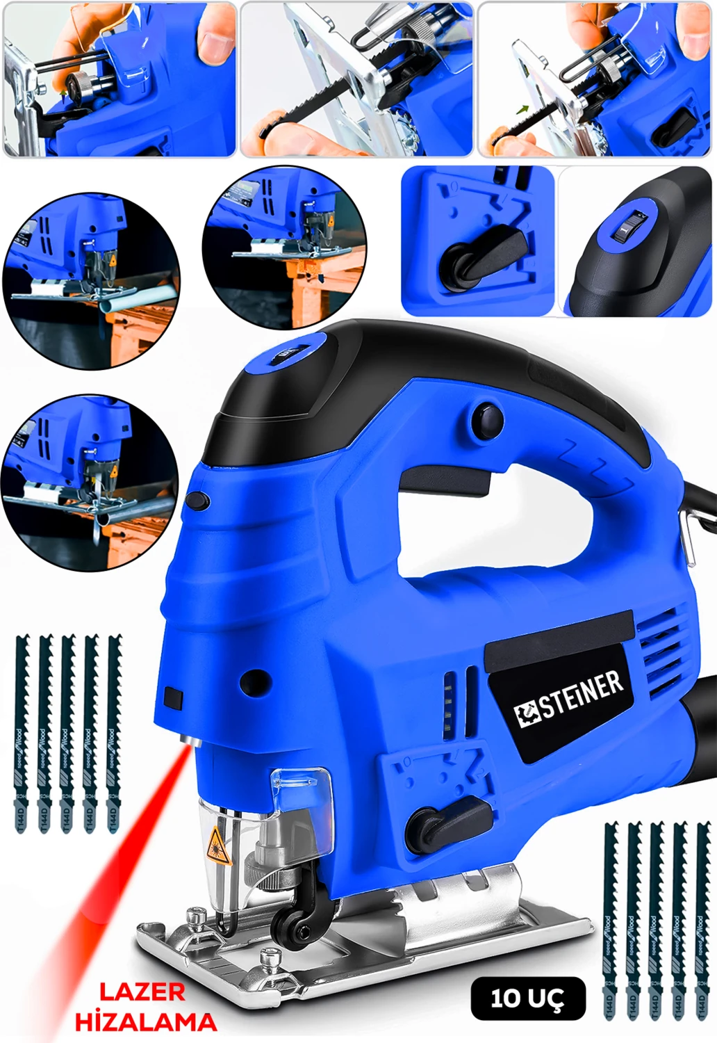 Alman 4600 W Lazerli Sjs Metal Şanzuman 6 Kademe Devirli Pandül Ayarlı Dekupaj Testere Makinesi Mavi + 10UÇ