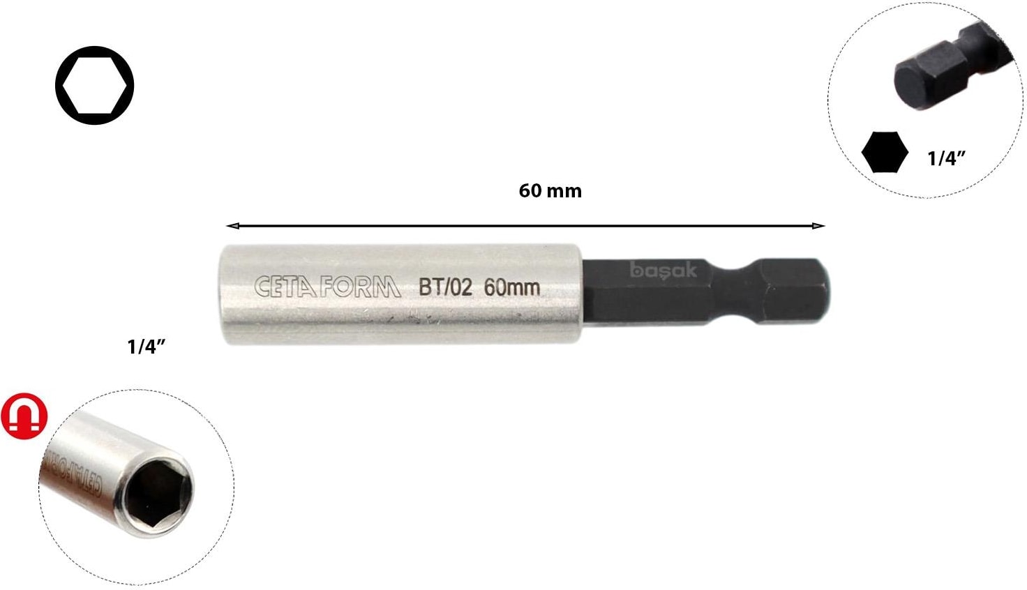 1/4" x 60 mm Manyetik Bits Tutucu Ceta/bt/02