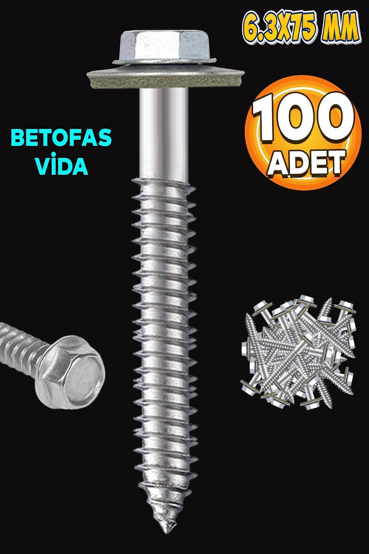 OZKUVVET Betofast Vidası 6.3x75 mm Paket 100 ADET Sivri Uçlu Çatı Panel Beton Ağaç Vidası