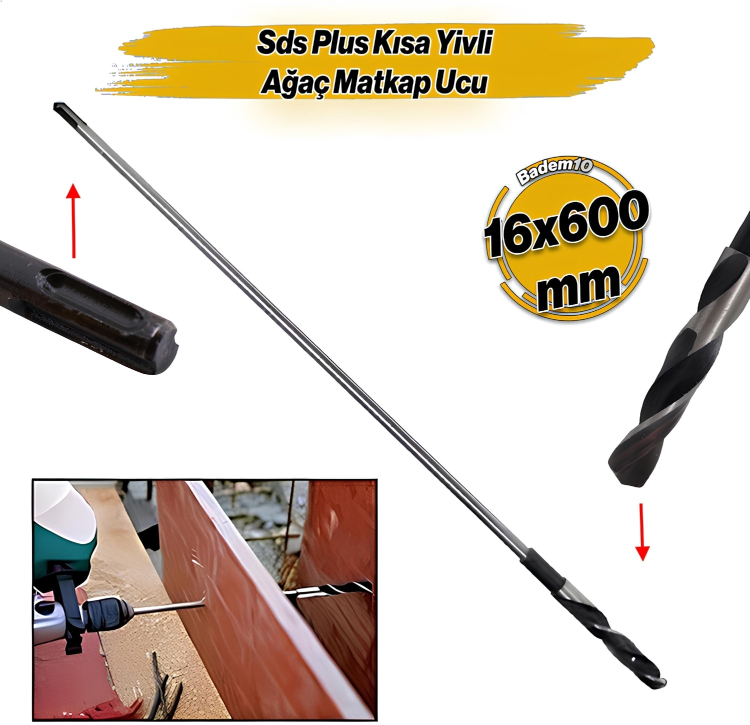 Matkap Uyumlu Sds Plus Ağaç Matkap Ucu Kısa Yivli 16 cm 60 cm 16 x 600 mm Hilti Ucu
