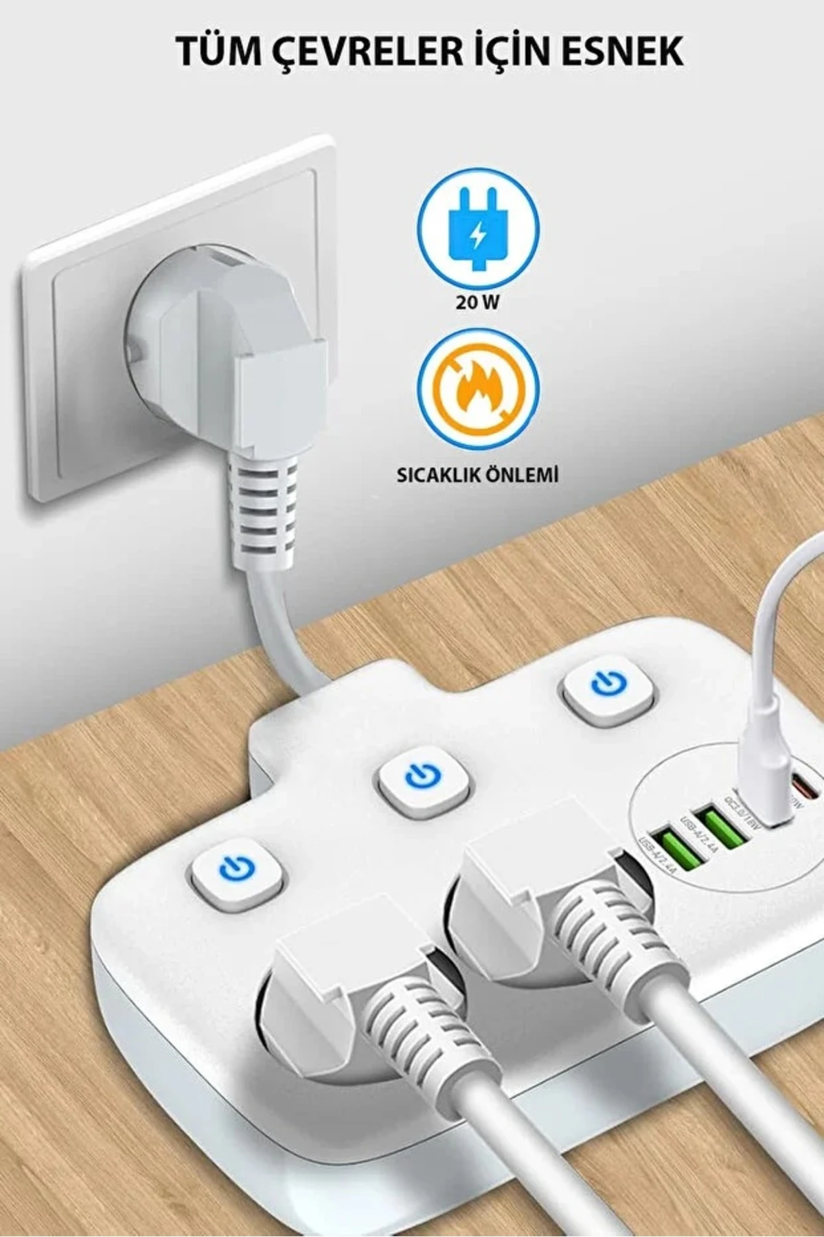 Akım Korumalı 2'li Ayrı Anahtarlı Priz, 2x Priz, 3x USB, 1x Type-C, 2 mt Kablo, Hızlı Şarj