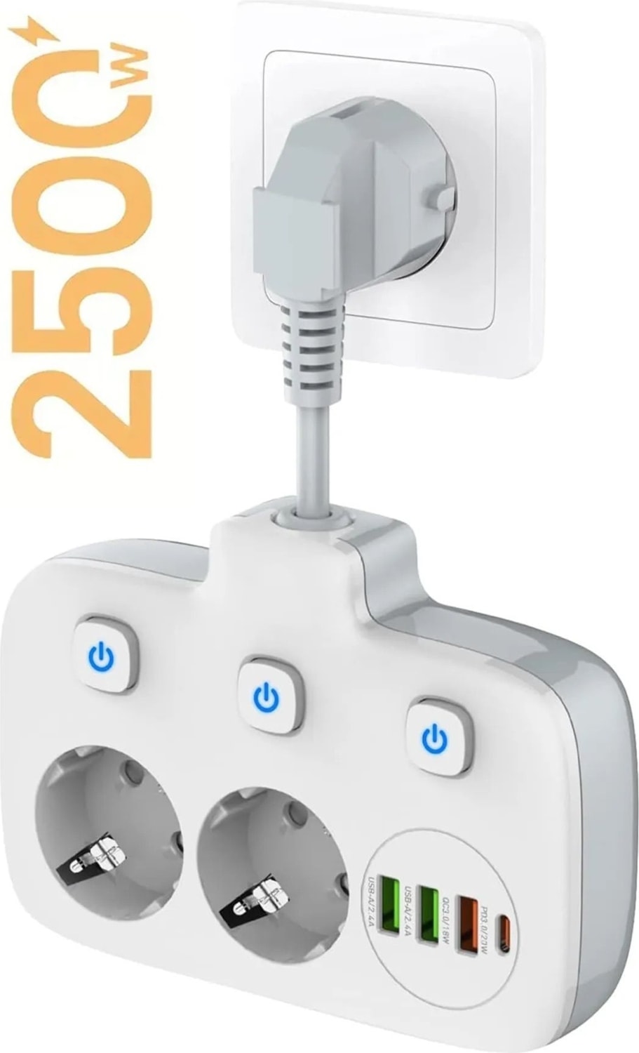 Usb'li 3'lü Priz | 20W Hızlı Şarj | 1,5m Kablolu | 1 Type-C + 3 USB | PD & QC 3.0 Çoklu Priz & Uzatma