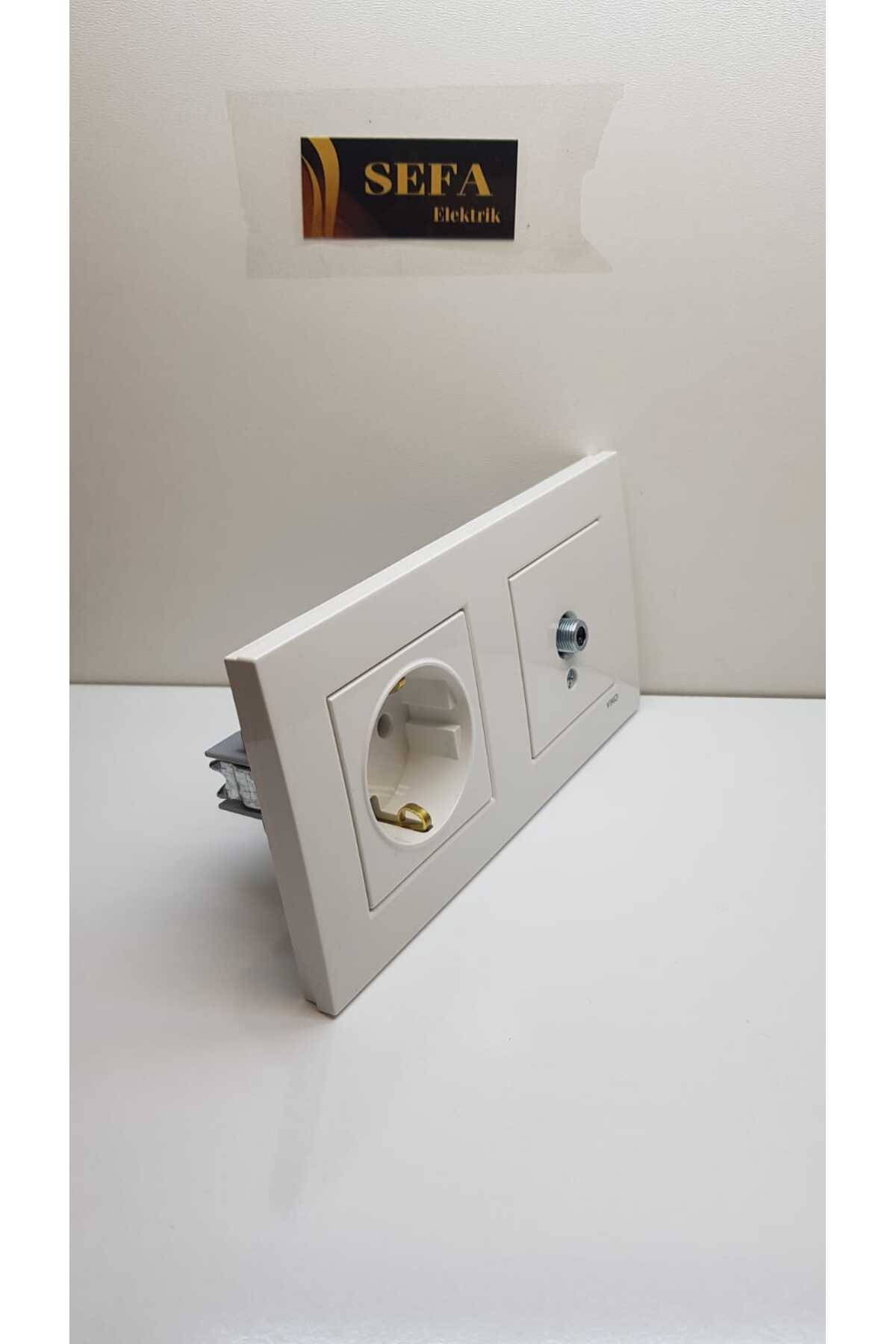 TOPRAKLI PRİZ UYDU PRİZİ ÇERÇEVELİ İKİLİ TAKIM BEYAZ  KARRE