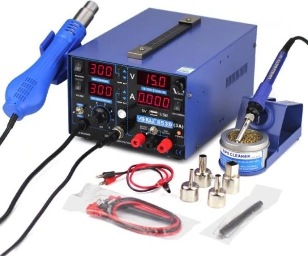 0-15V Güç Kaynağı, 75W Kalem Havya, 720W Sıcak Hava Tabancası, 3'lü Havya İstasyonu 853D USB 3A