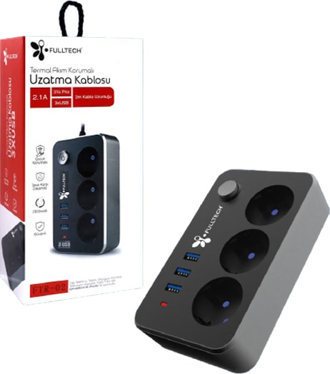 Termal Akım Korumalı Isıya Karşı Dayanıklı 3'lü Priz Kablo Uzunluğu 2mt 3xusb