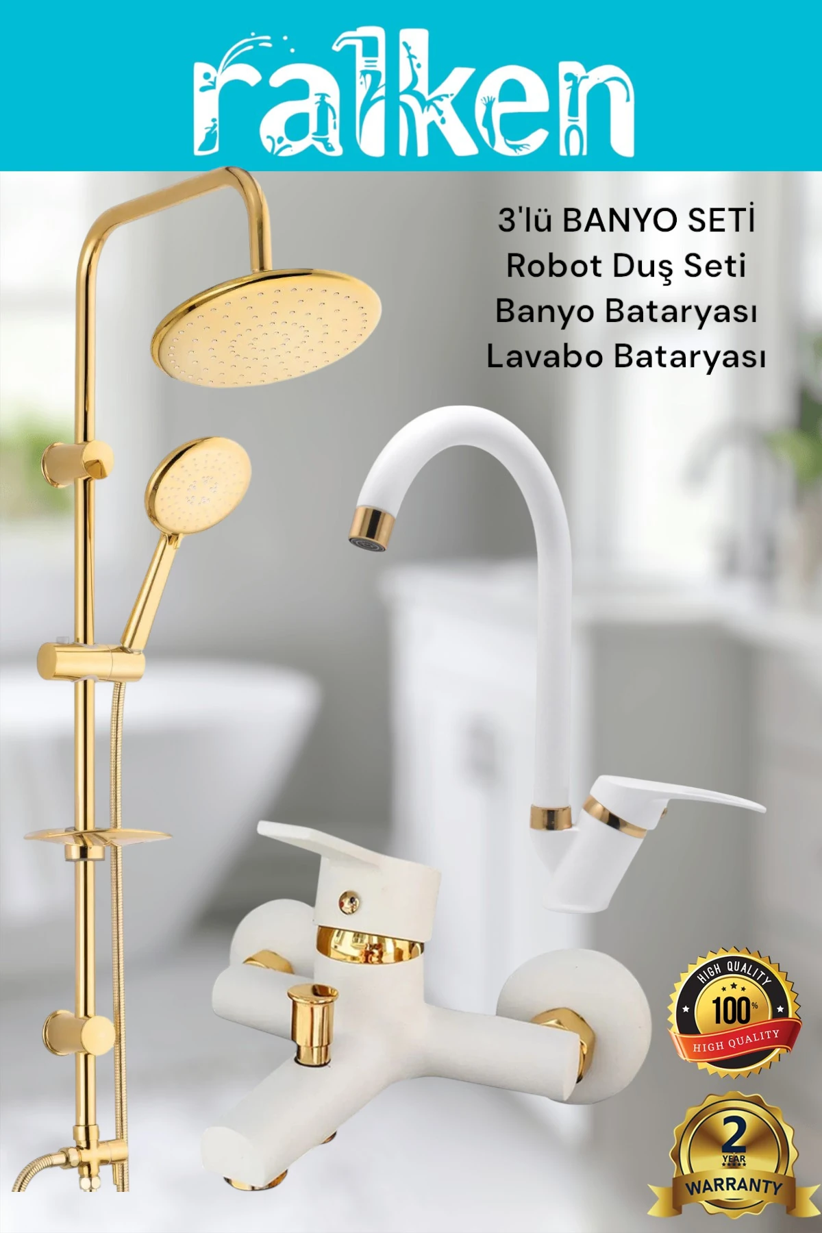 Lüx Beyaz Gold Yuvarlak 3’lü Banyo Seti Altın Robot Tepe Duş, Banyo, Lavabo Bataryası Musluk Takımı