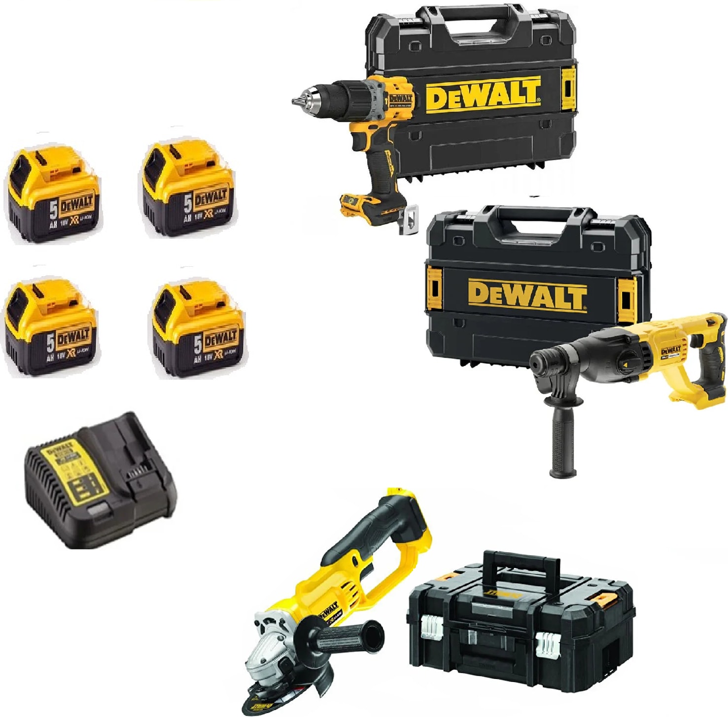DEWALT DCH133NT ( 2.6j ) + DCG412NT ( 125 mm ) + DCD805NT ( 90NM ) + 4x 5 Ah Akü + 1 Adet Dolum Cihazı