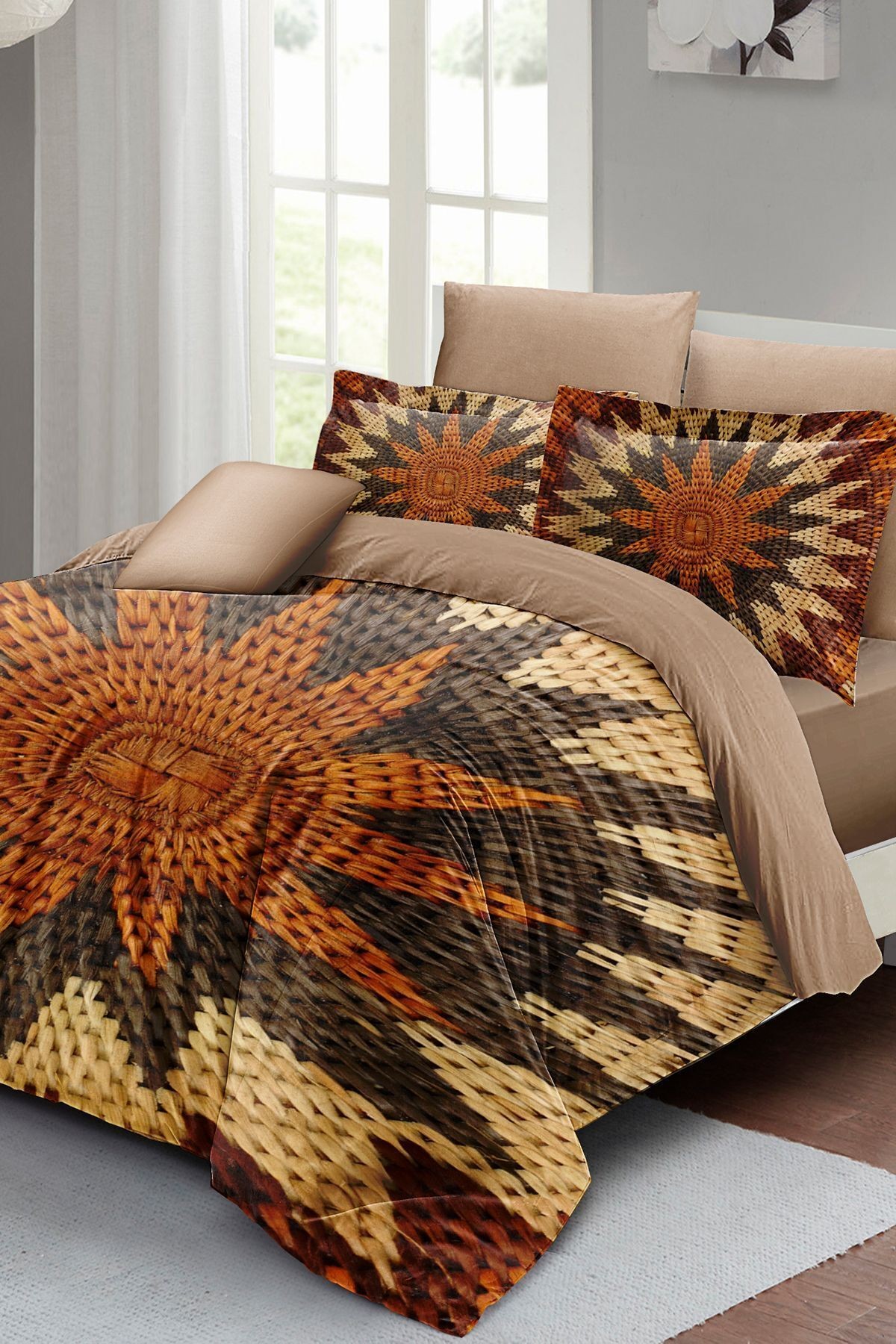 Lastikli Çarşaflı %100 Pamuk Saten Çift Kişilik Nevresim Takımı Wicker Flower