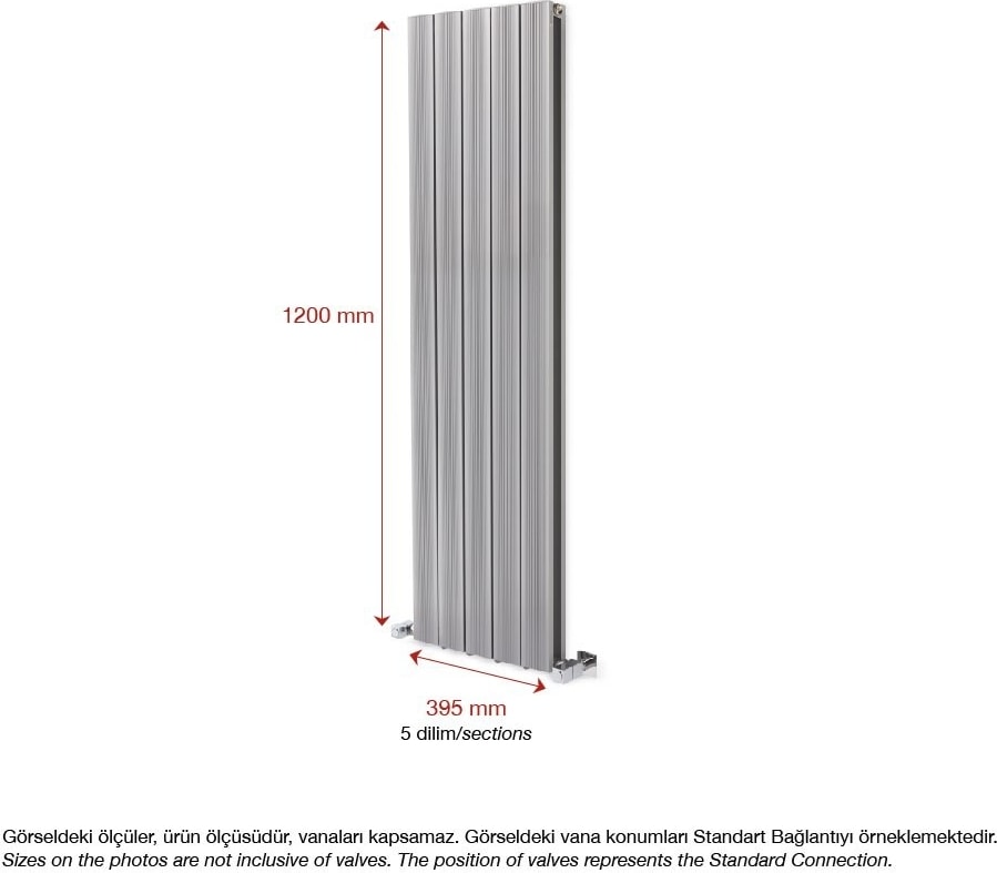 1200 x 395 mm Amber Dikey Gümüş Gri Alüminyum Radyatör Standart Bağlantı