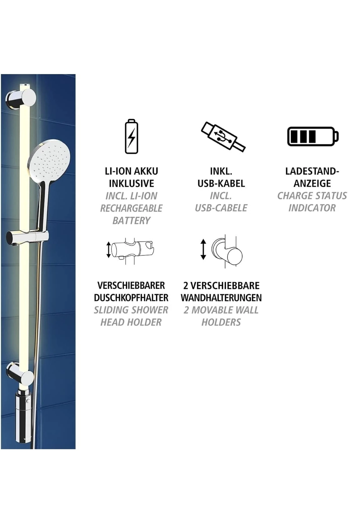 Led Tasarım Duş Çubuğu Seti, Led Işık Şeridi, Duş Hortumu Ve Başlığı Sıcak Beyaz