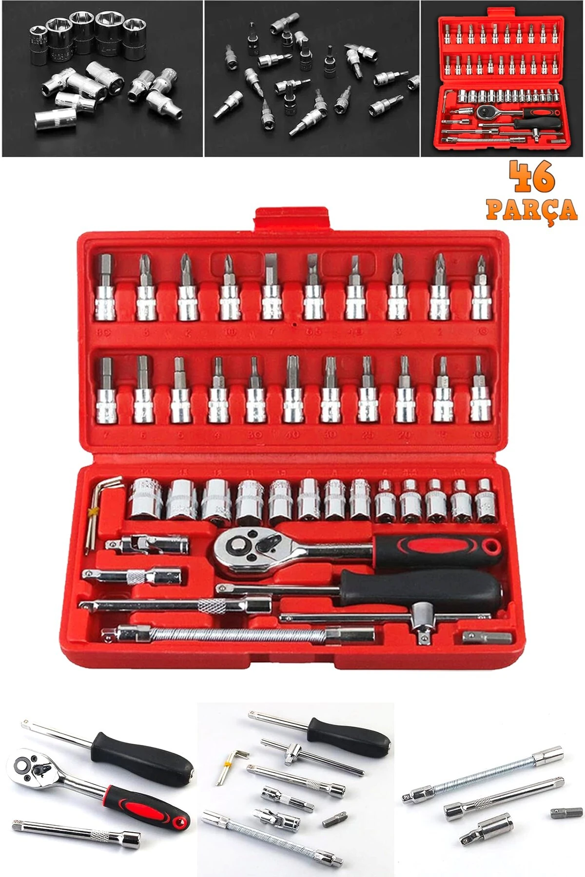 Profesyonel 46 Parça Tornavida Lokma Takımı Araç Onarımı Cırcırlı Lokma Seti Krom Vana