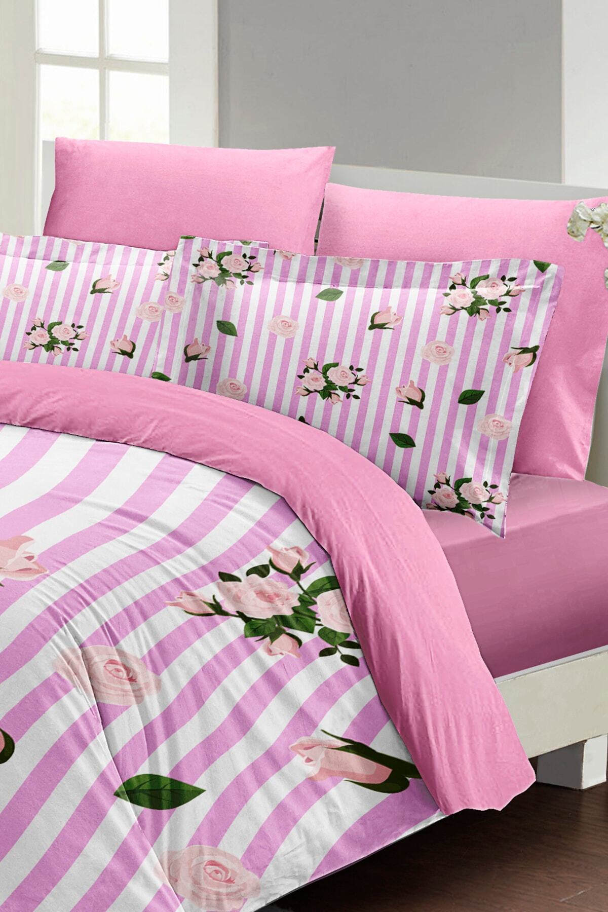 Kıng Sıze Çift Kişilik Nevresim Takımı %100 Pamuk Saten Naturel Roses 220x240cm