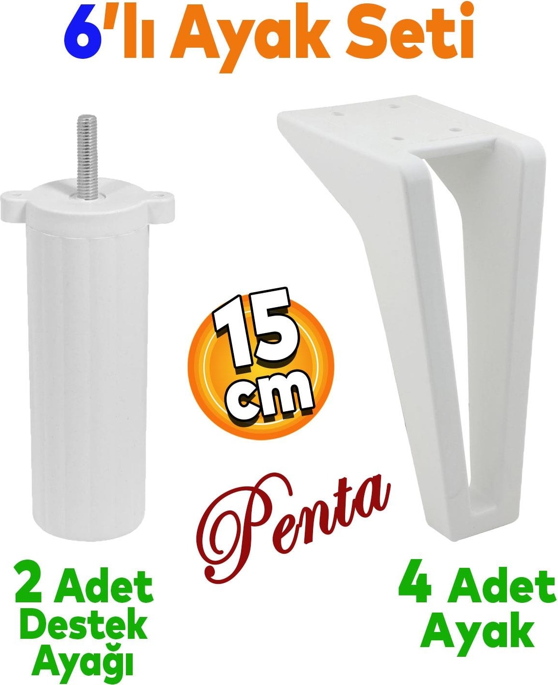Penta 6'lı Set Mobilya Tv Ünitesi Çekyat Koltuk Kanepe Destek Yükseltici Ayağı 15 cm Beyaz Ayakları M8 Civatalı