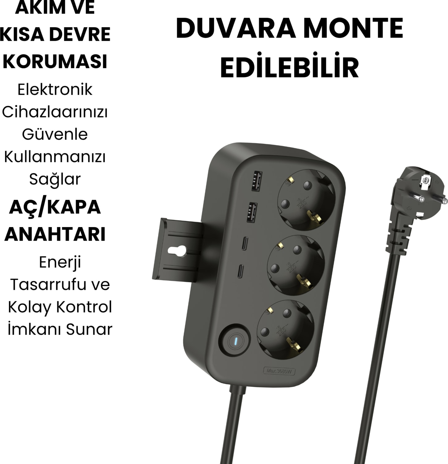 3’lü Akım Korumalı Priz | 2 USB + 2 Type-C Girişli | Anahtarlı ve Duvara Monte Edilebilir Uzatma Kablosu – Siyah