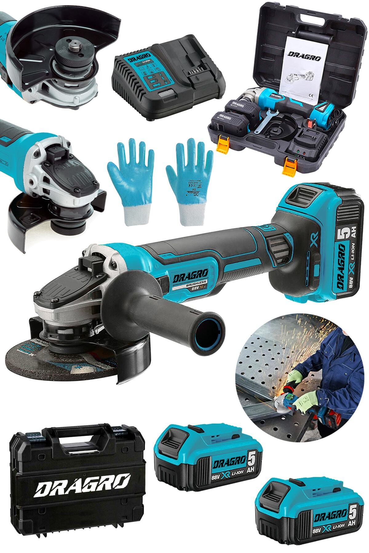 Alman 88 V 5ah Akülü Taşlama Makinesi Sprel Kömürsüz Şarz Göstergeli Devir Ayarlı Çantalı Mavi