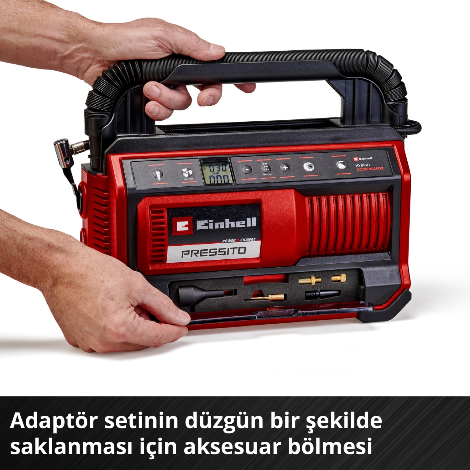 PRESSITO 18/25 Power X-Change Hibrit Kompresör (18 V, Güç Kablosu veya Akü ile Çalışır, Maks. 11 bar, 4-parçalı Adaptör Seti ve 2 Hortum dahil, Akü dahil değildir) - 4020430