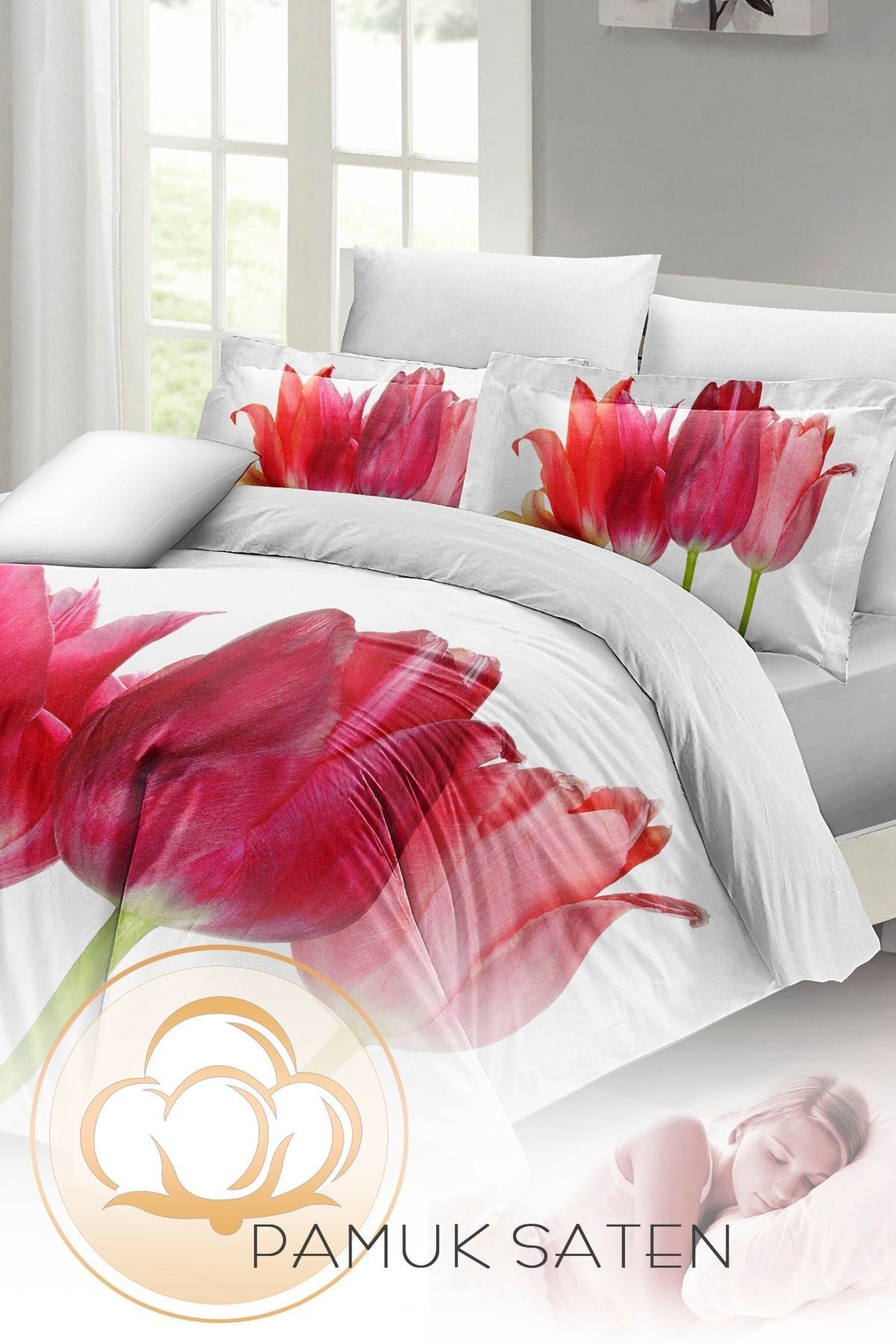 Çift Kişilik Nevresim Takımı Sık Dokuma Pamuk Saten 3d Özel Tasarım Tulip