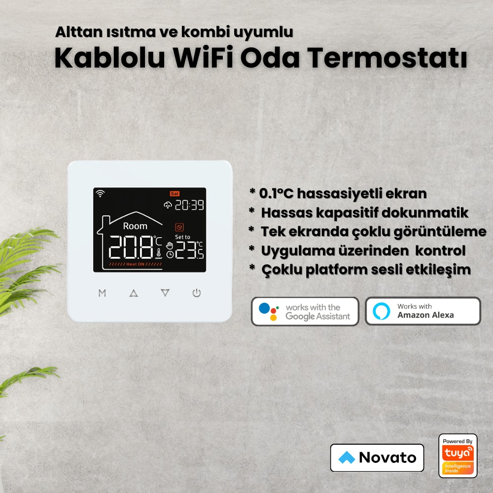 Wifi Kablolu Akıllı Oda Termostatı ( Tuya - Smart Life Uyumlu) Beyaz Renk
