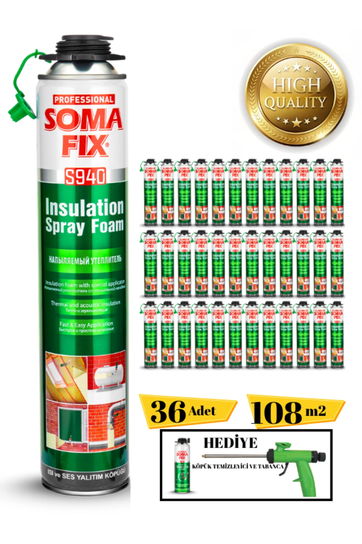 Poliüretan Termal Isı Ve Ses Yalıtım Sprey Köpük (36 ADET) Tabanca Ve Temizleyici Hediyeli